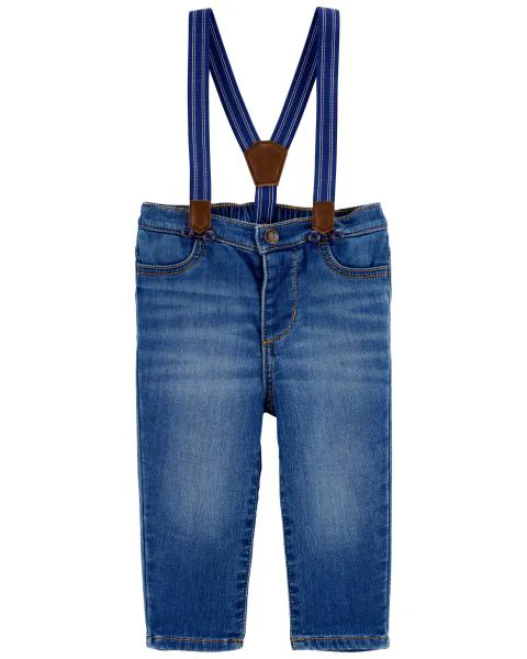 Oshkosh Polka-Dot Button-Front Bodysuit with Knit-Denim Suspender Pants