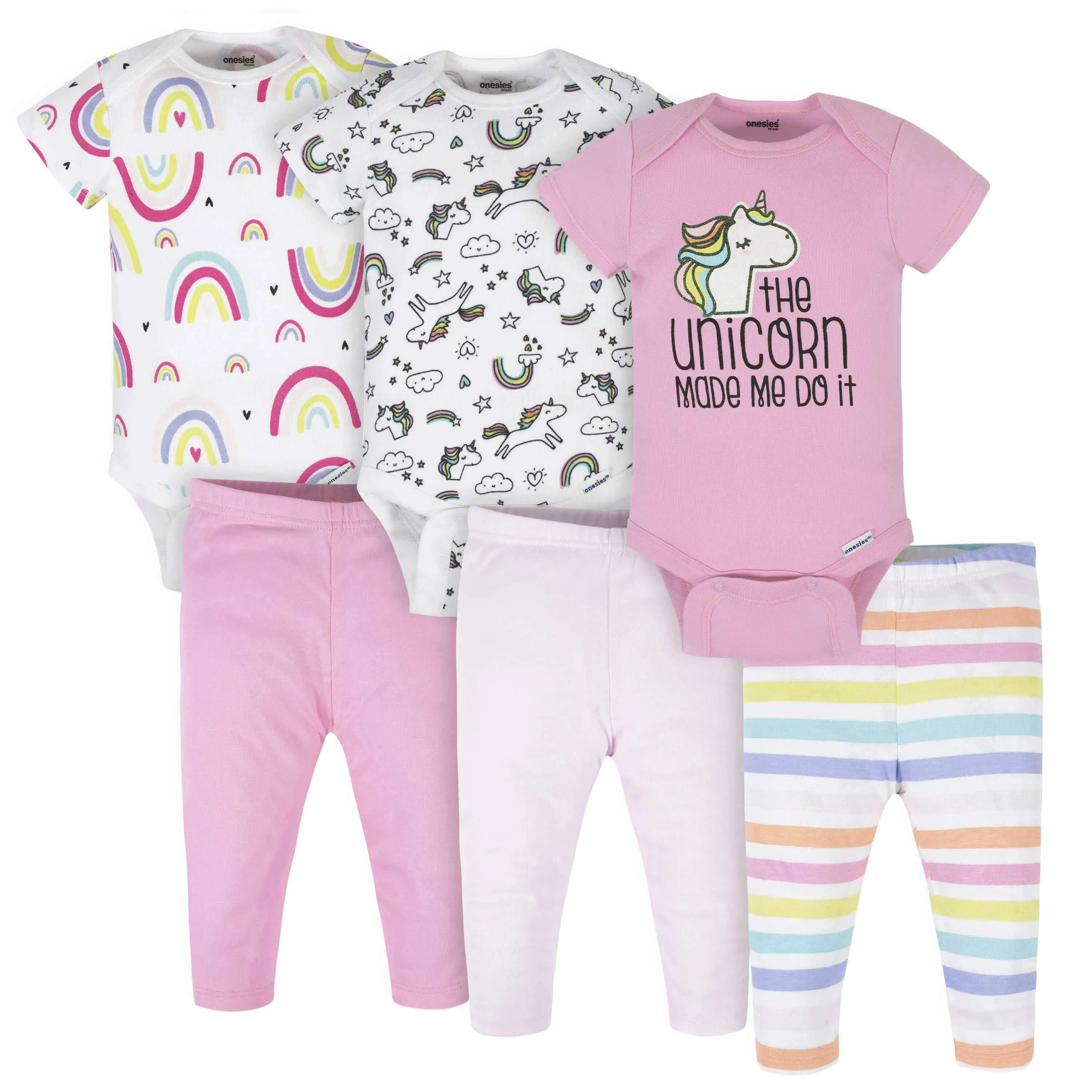 6-Piece Baby Girls Unicorn Onesies Brand Bodysuits & Pants Set
