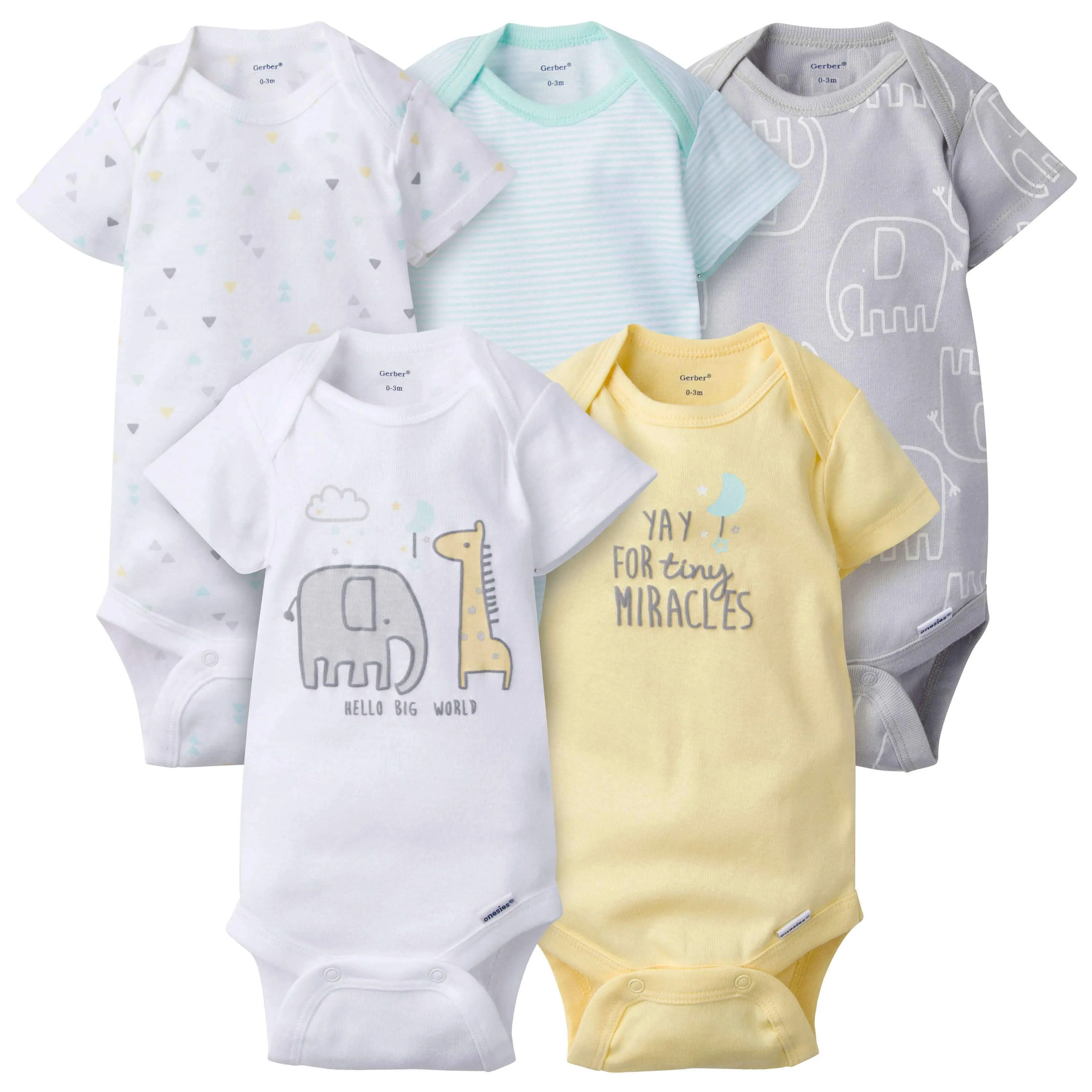 5-Pack Baby Neutral Elephant Short Sleeve Onesies Bodysuits