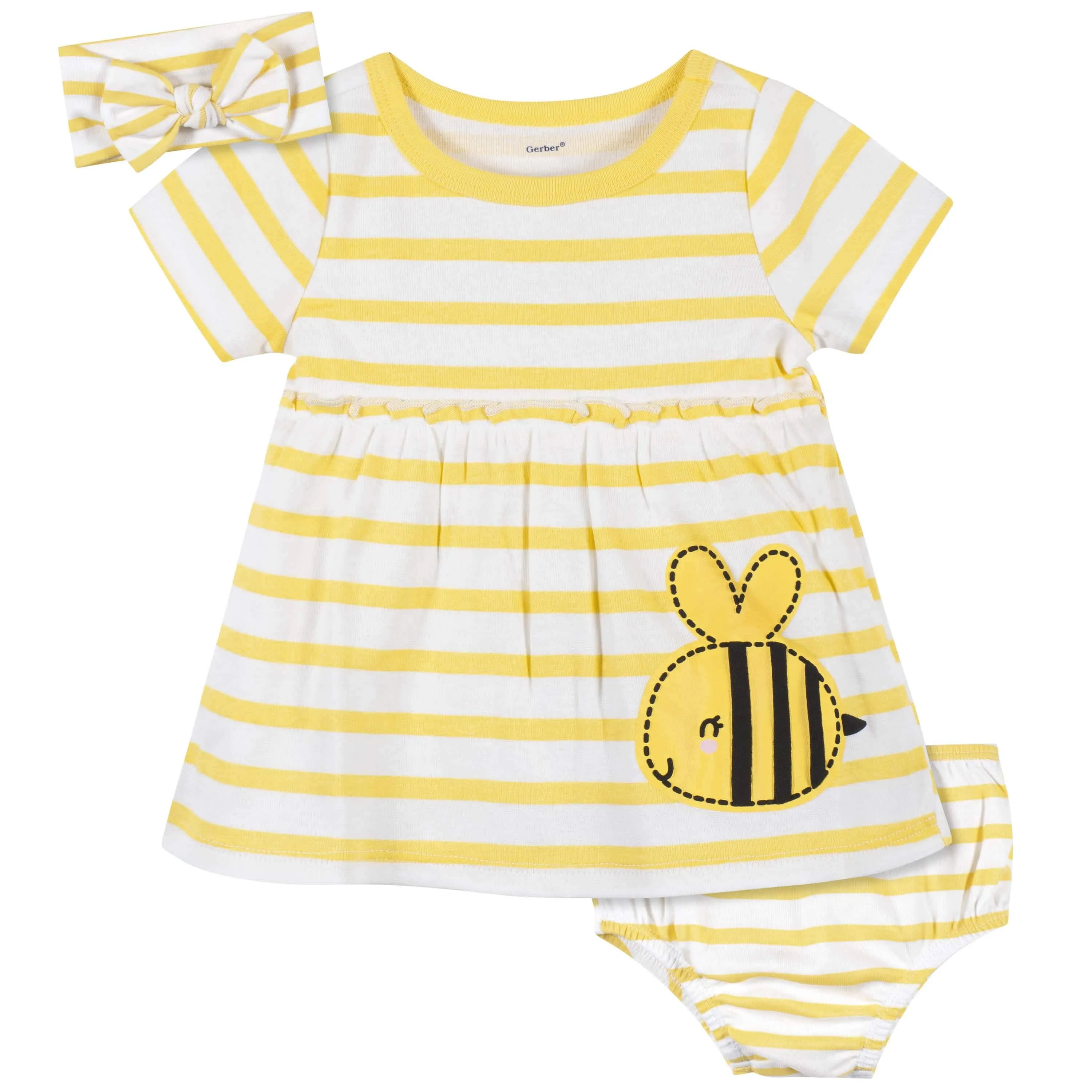 3-Piece Baby & Toddler Girls Bee Garden Dress, Diaper Cover & Headband Set
