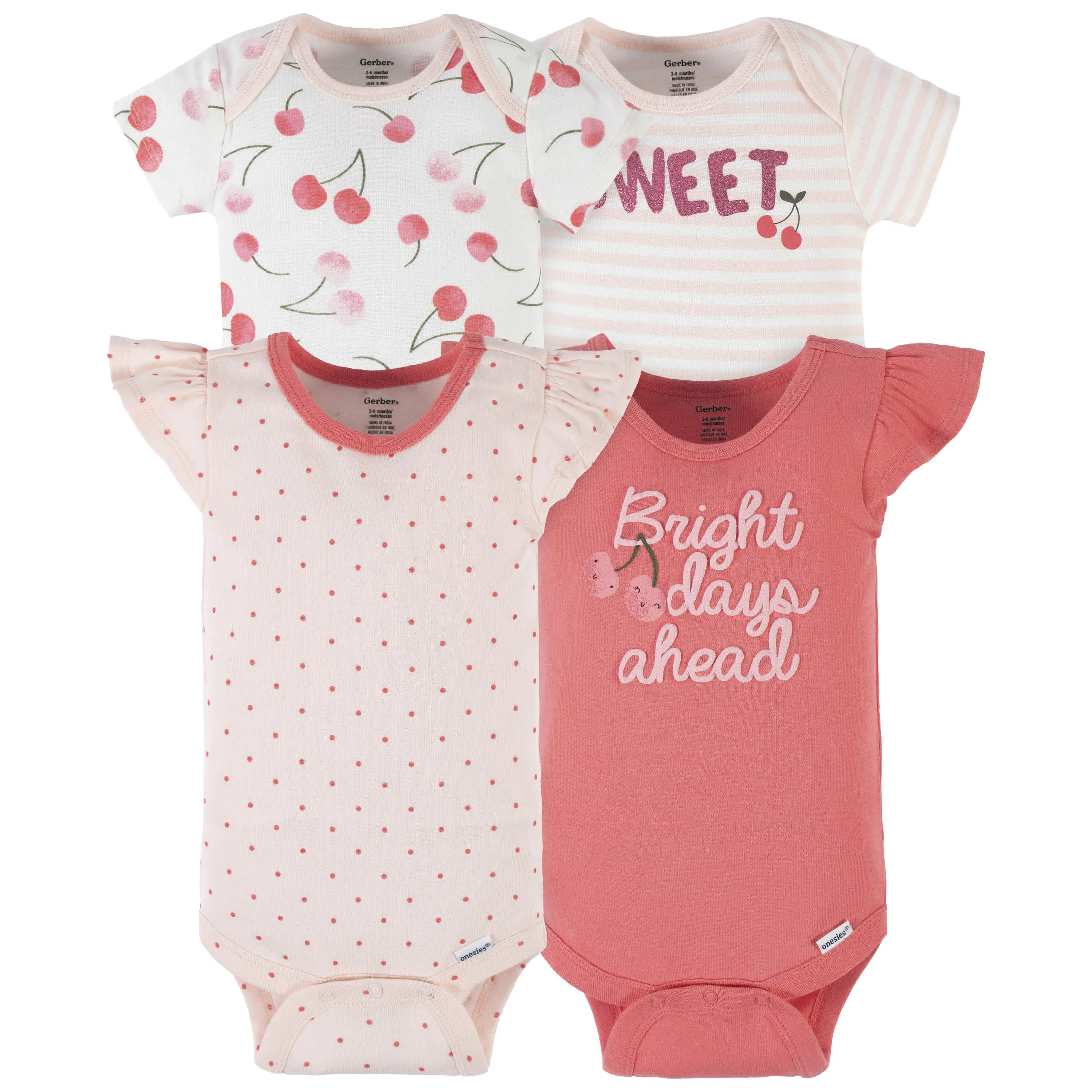 4-Pack Baby Girls Cherry Kisses Short Sleeve Onesies Bodysuits