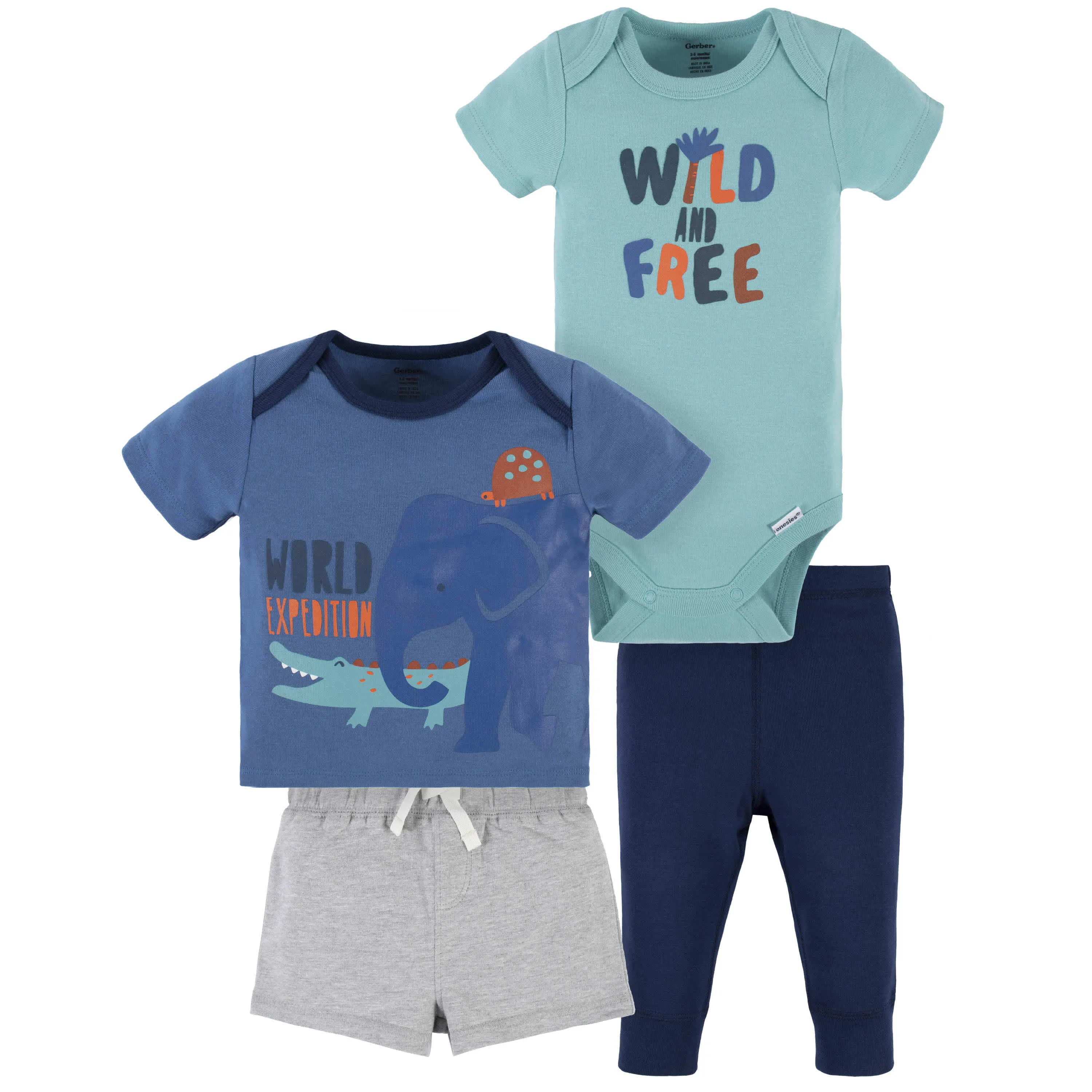 4-Piece Baby Boys Wild & Free Onesies Bodysuit, Tee, Shorts & Pant Set