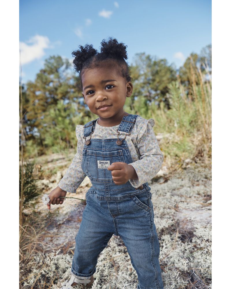 Oshkosh Floral Lined Stretch Denim Overalls with Floral Print Jersey Bodysuit