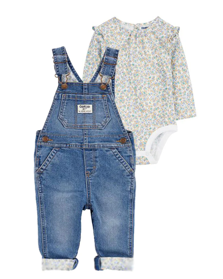 Oshkosh Floral Lined Stretch Denim Overalls with Floral Print Jersey Bodysuit