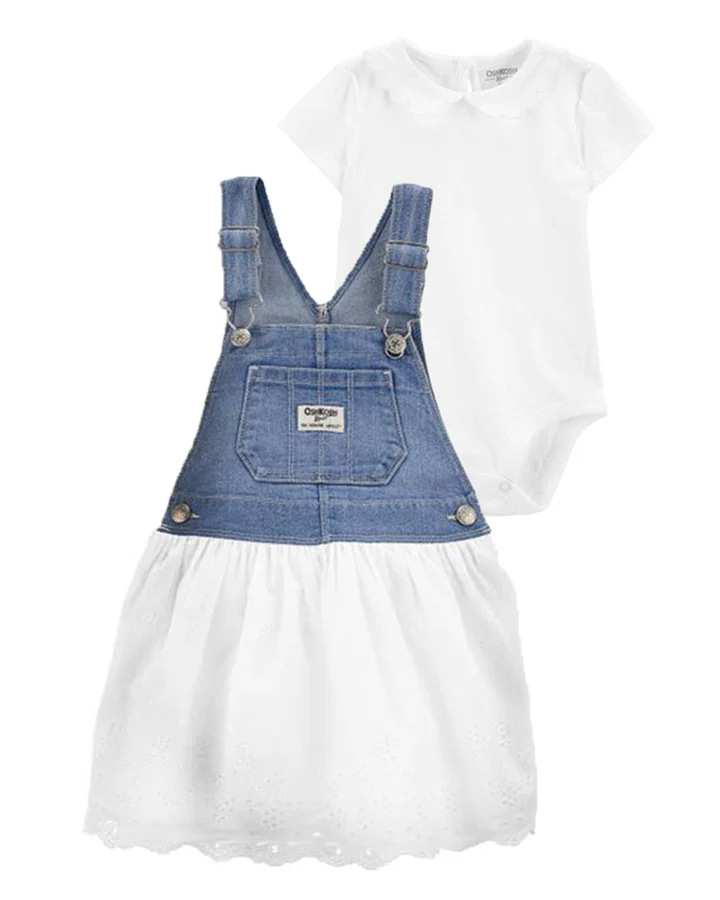 Oshkosh Eyelet Denim Jumper Dress with Scalloped Peter Pan Collar Bodysuit