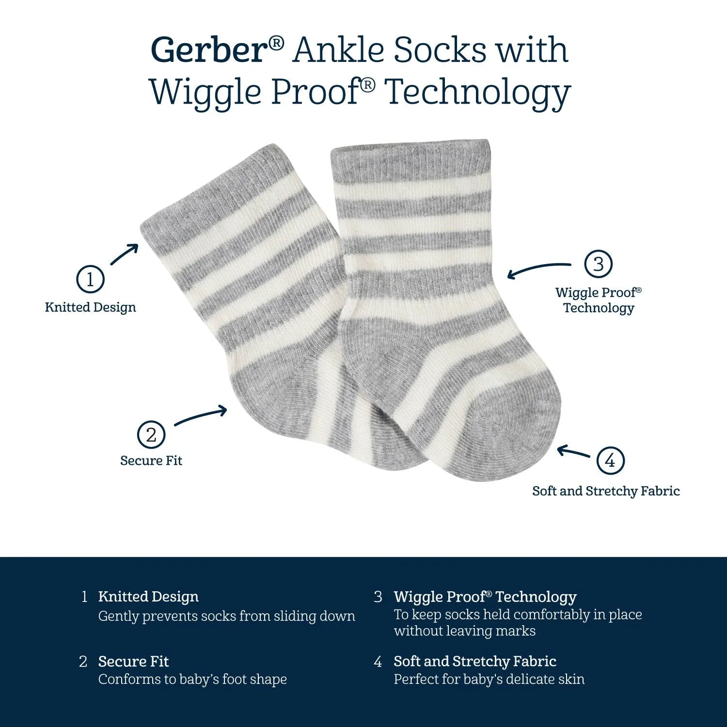 8-Pack Baby & Toddler Navy Wiggle Proof Jersey Crew Socks