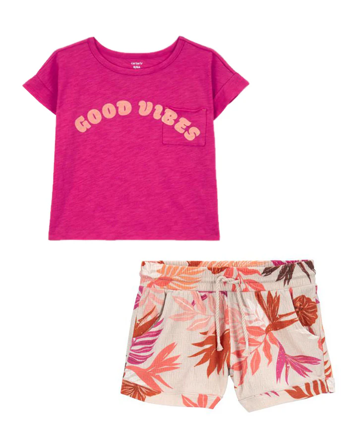 Carter's Kid Good Vibes Pocket Tee with Floral Pull-On Knit Gauze Shorts