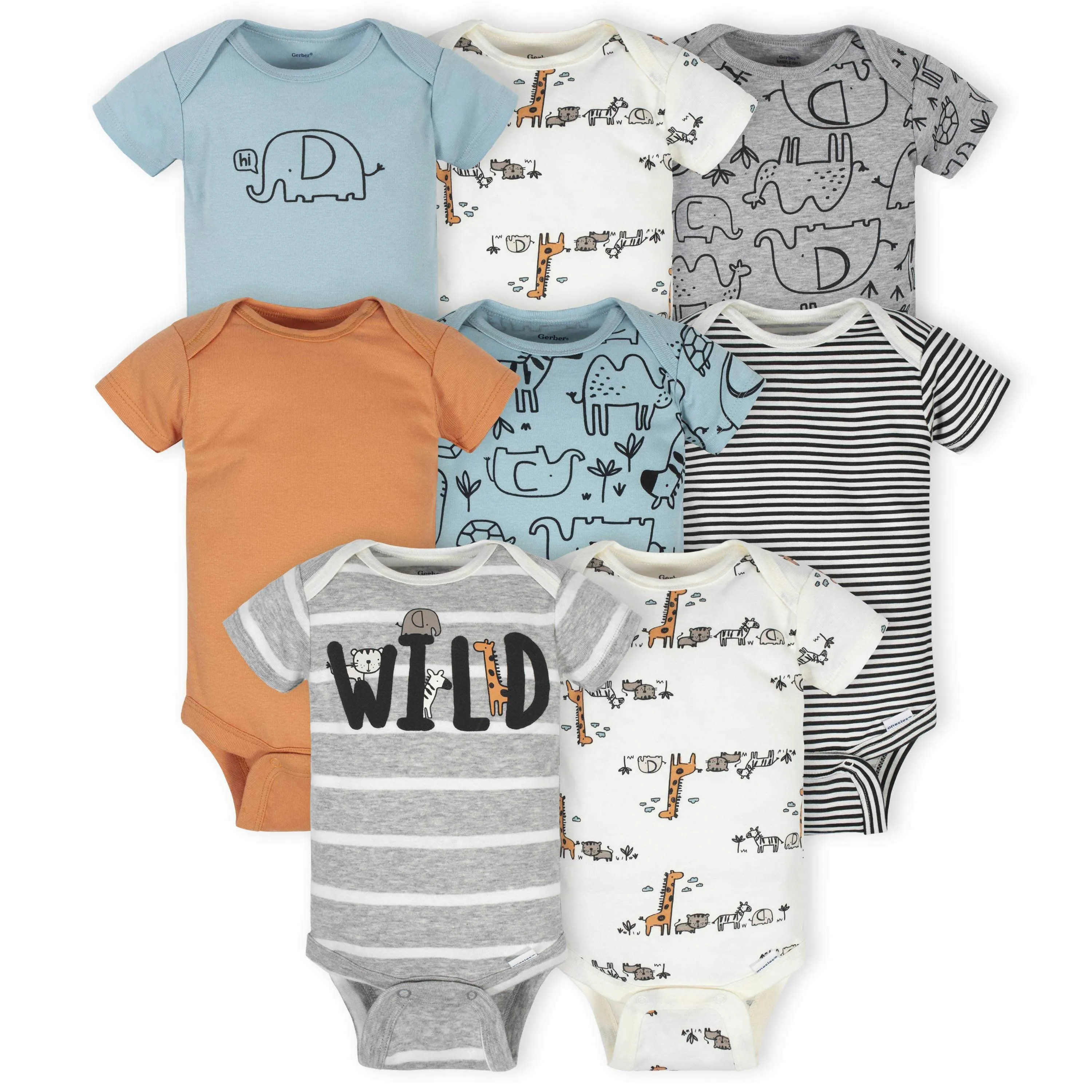 8-Pack Baby Boys Jungle Short Sleeve Onesies Bodysuits