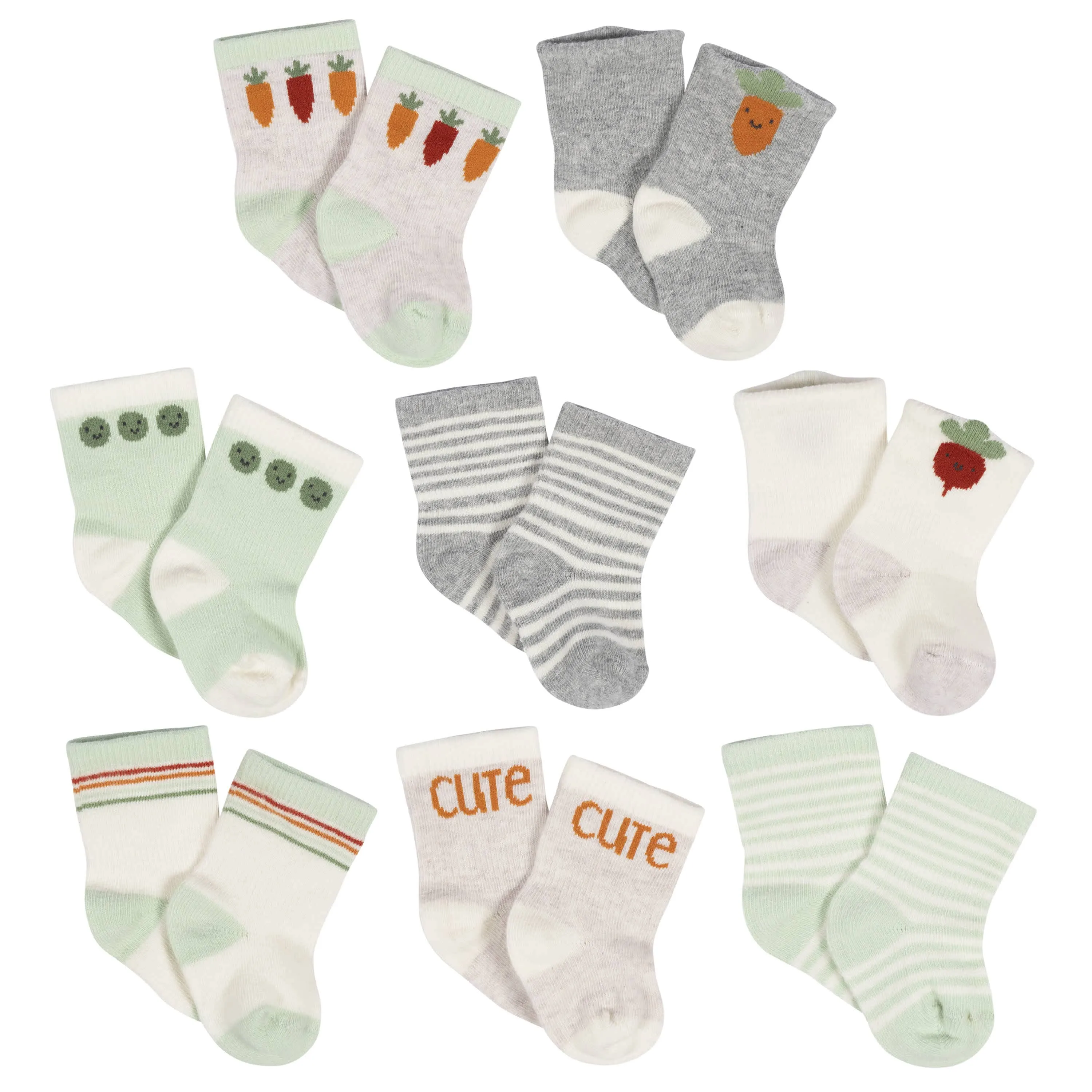 8-Pack Baby Neutral Happy Veggies Jersey Wiggle Proof Socks