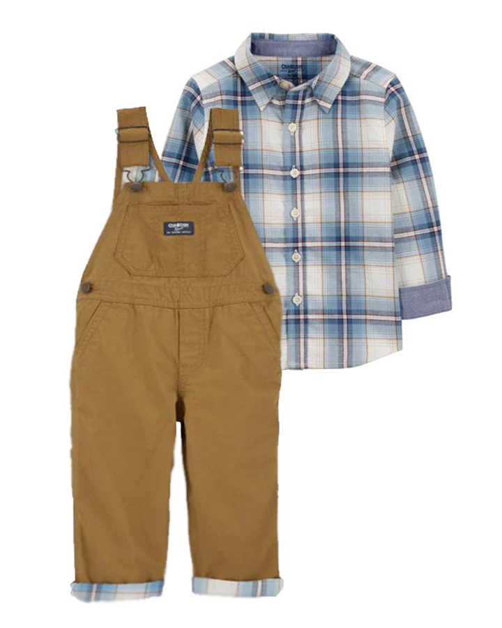 Oshkosh Toddler Plaid Button-Front Shirt with Lightweight Canvas Overalls