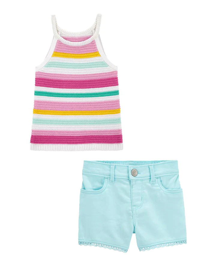 Oshkosh Toddler Striped Crochet Sweater Tank with Eyelet Trim Denim Shorts