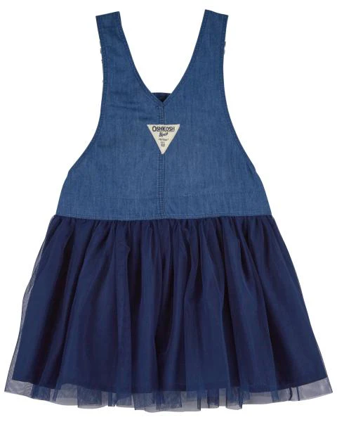 Oshkosh Tulle and Denim Jumper Dress with Striped Eyelet Ruffle Bodysuit