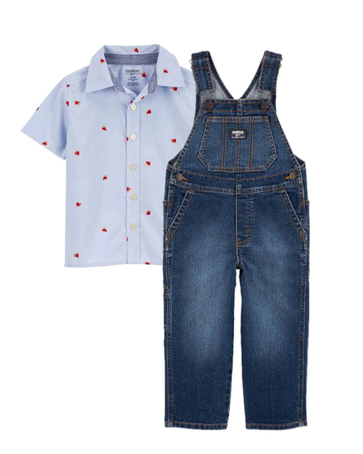 Oshkosh Toddler Botton-Front Watermelon Shirt with Denim Classic Overalls