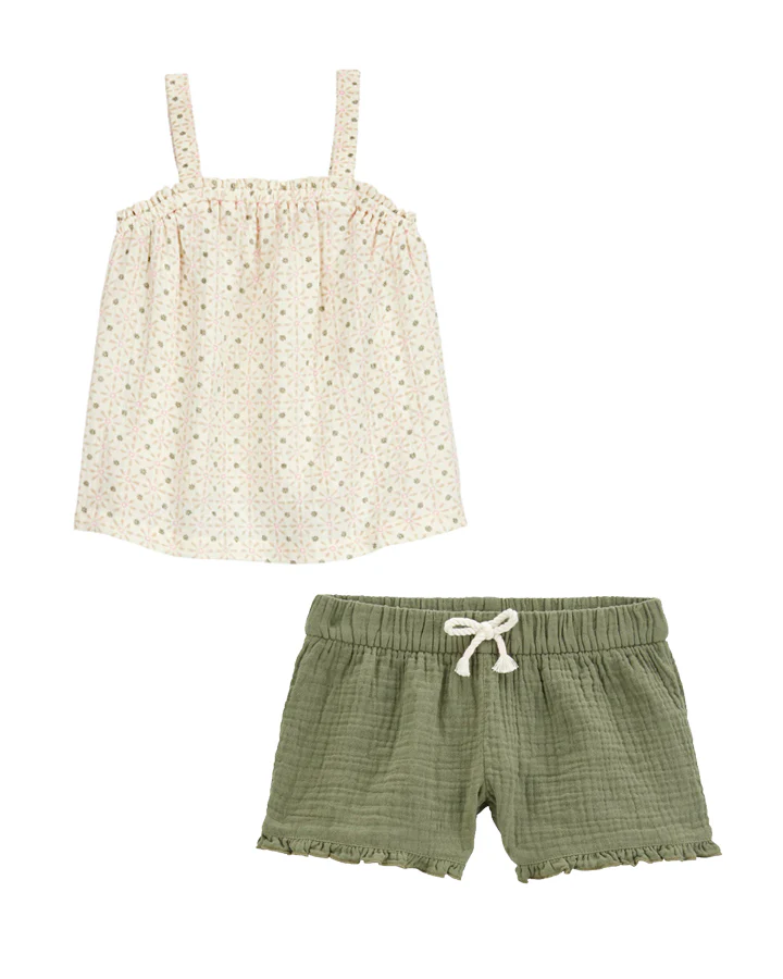 Carter's Toddler Floral Sleeveless Tank with Ruffle Gauze Shorts - Green