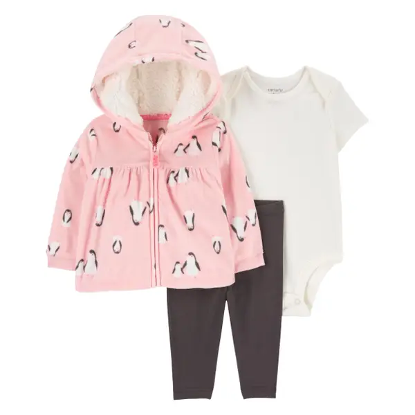 Carter's Infant Girls Pink Penguin 3-Piece Fleece Cardigan Set