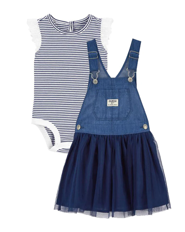 Oshkosh Tulle and Denim Jumper Dress with Striped Eyelet Ruffle Bodysuit