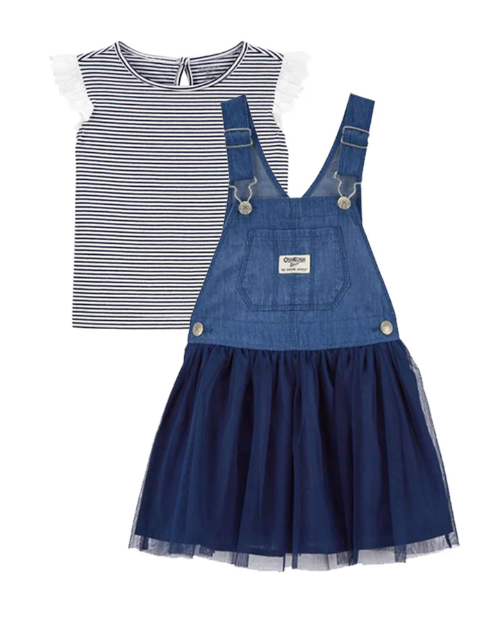 Oshkosh Toddler Tulle and Denim Jumper Dress with Striped Eyelet Ruffle Top