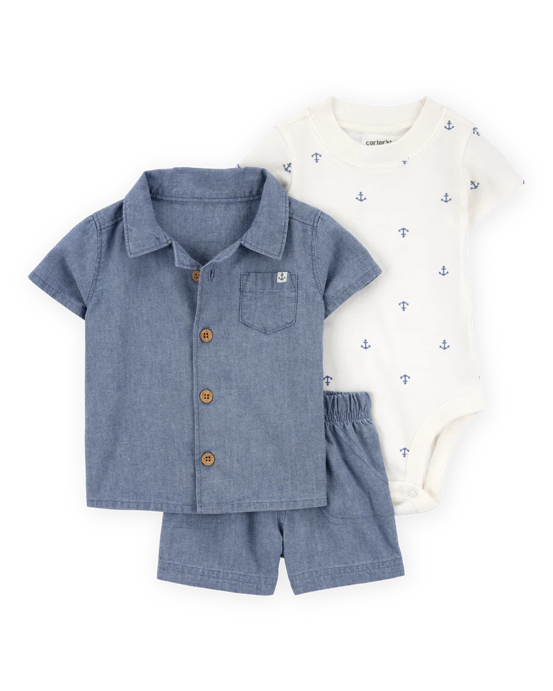 Carter's Baby 3-Piece Chambray Anchor Outfit Set - Blue