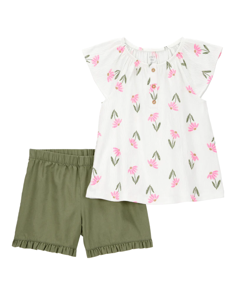 Carter's Toddler 2-Piece Floral Top & Short Set - Cream/Green