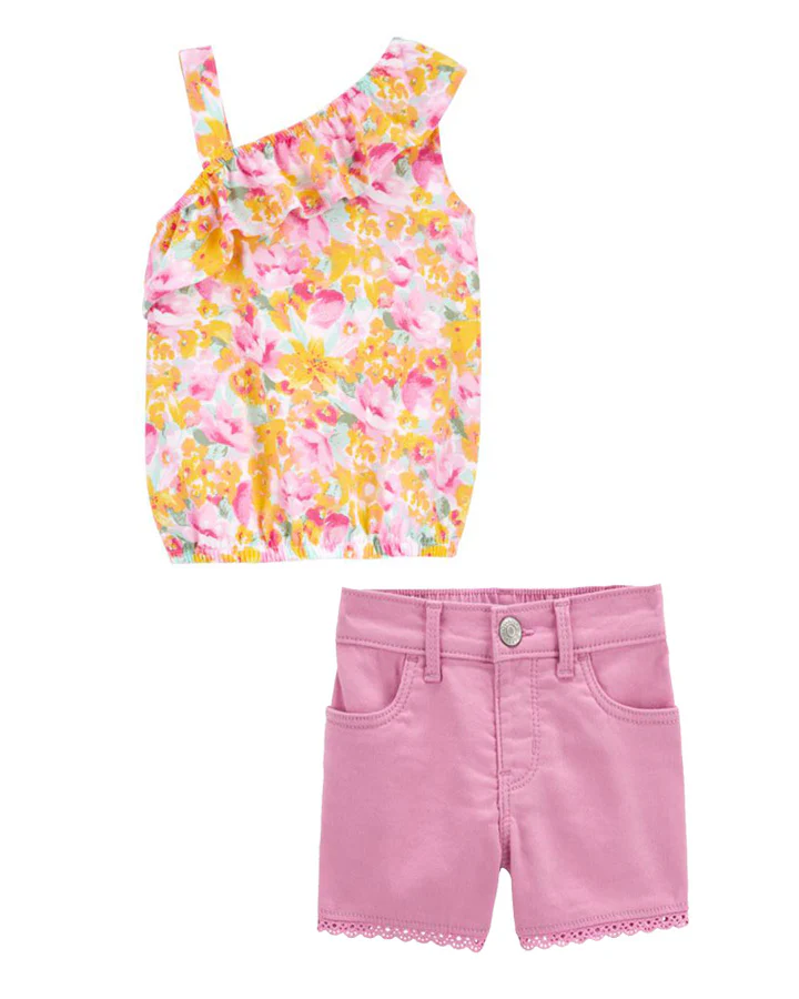 Oshkosh Toddler Floral Print Asymmetrical Ruffle Tank with Eyelet Trim Denim Shorts