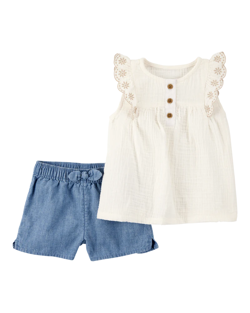 Carter's Baby 2-Piece Eyelet-Sleeve Tank & Pull-On Chambray Short Set