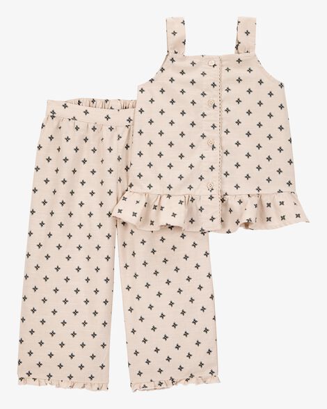 Toddler 2-Piece Geo Print Button-Down Tank & Pull-On Pant Set - Tan