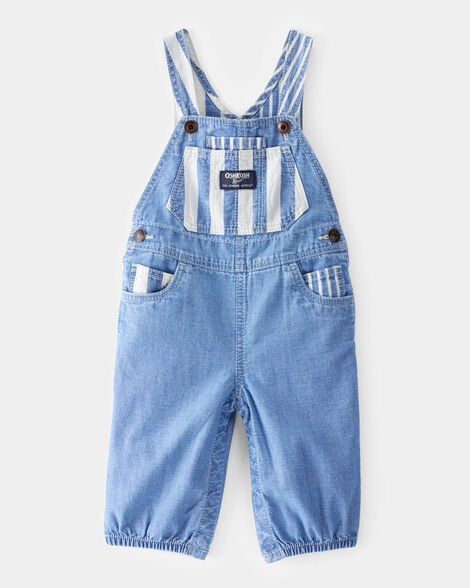 Baby Neutral Vintage Inspired Striped Chambray Overalls - Blue Wash