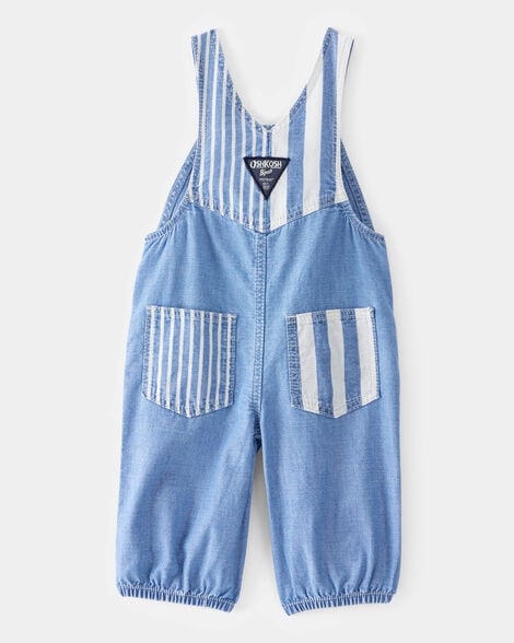 Baby Neutral Vintage Inspired Striped Chambray Overalls - Blue Wash