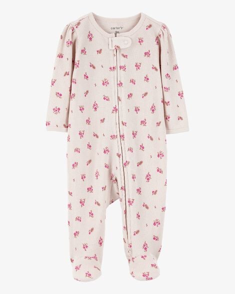 Baby Floral 2-Way Zip Waffle Knit Sleep & Play Pajamas - Khaki