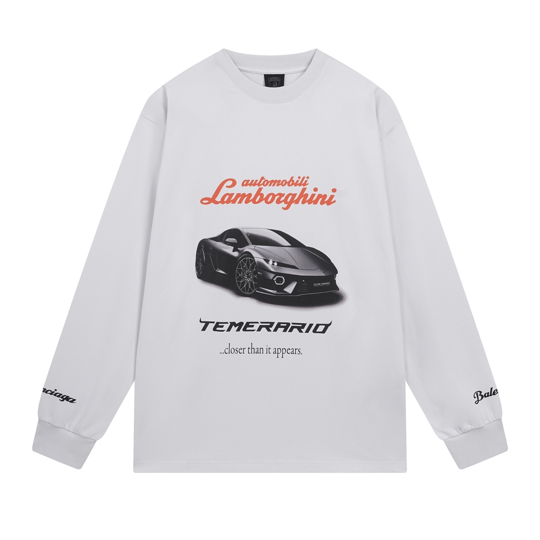 NB-220-522 BALENCIAGA/Paris Fashion Week 2025 SS Latest Collaborative with Lamborghini Front and Back, Left and Right Sleeve Direct Spray Printed Long-Sleeved T-Shirt Sizes: XS - S - M - L XS S M L Bust Circumference: 114 118 122 126 Shoulder Width: