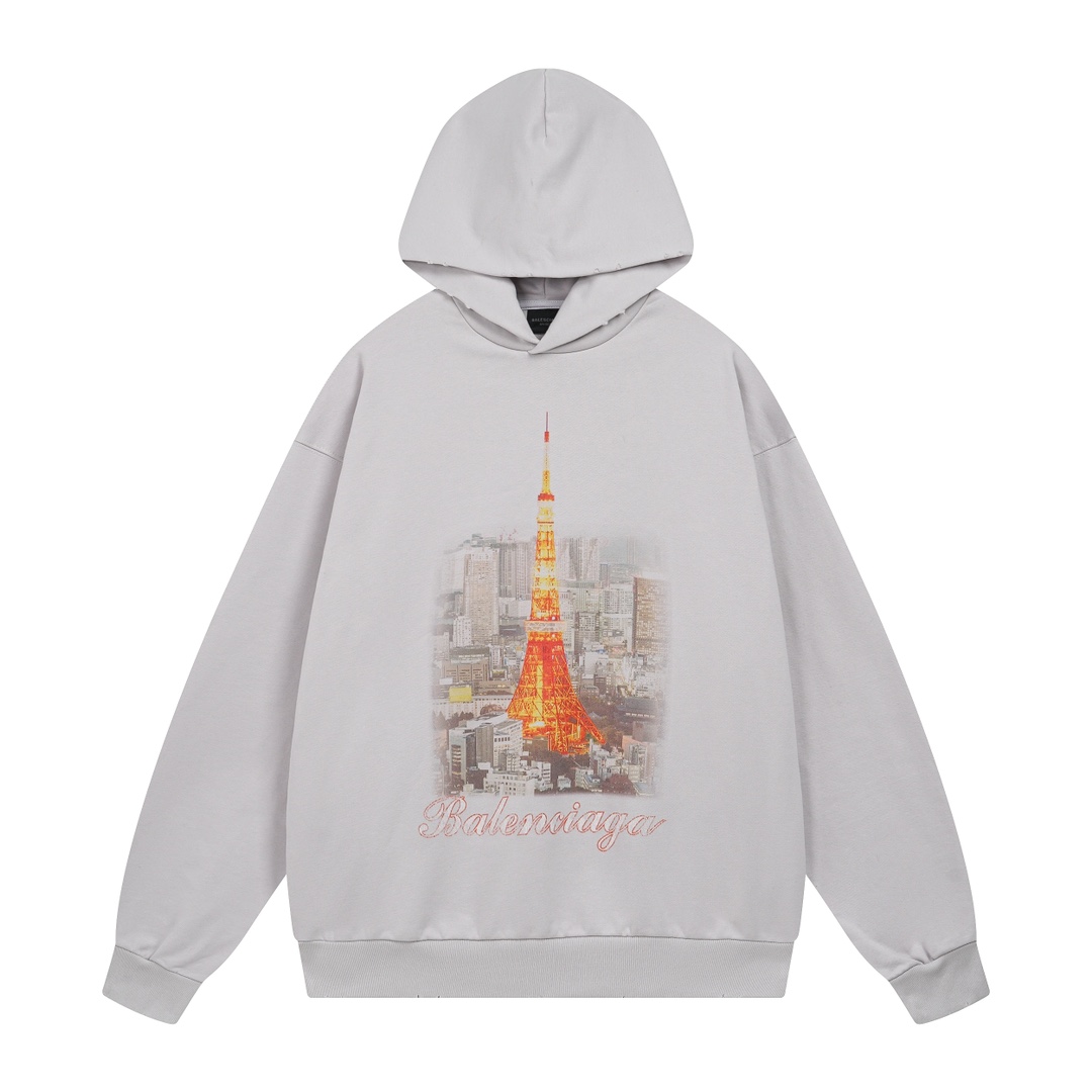 NB-280-570 BALENCIAGA/ Paris Fashion Week 2024 SS Tokyo Tower Limited Edition Front and Back Panel Direct Spray Printed, Torn, Washed and Distressed Hooded Sweatshirt Sizes: XS - S - M - L XS S M L Bust 124 128 132 136 Shoulder Width 60 62 64 66 Leng