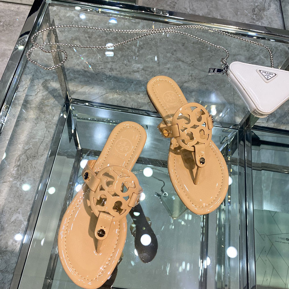 Tory Burch Leather Metal Double T Logo Flip-flops Sandals Slide