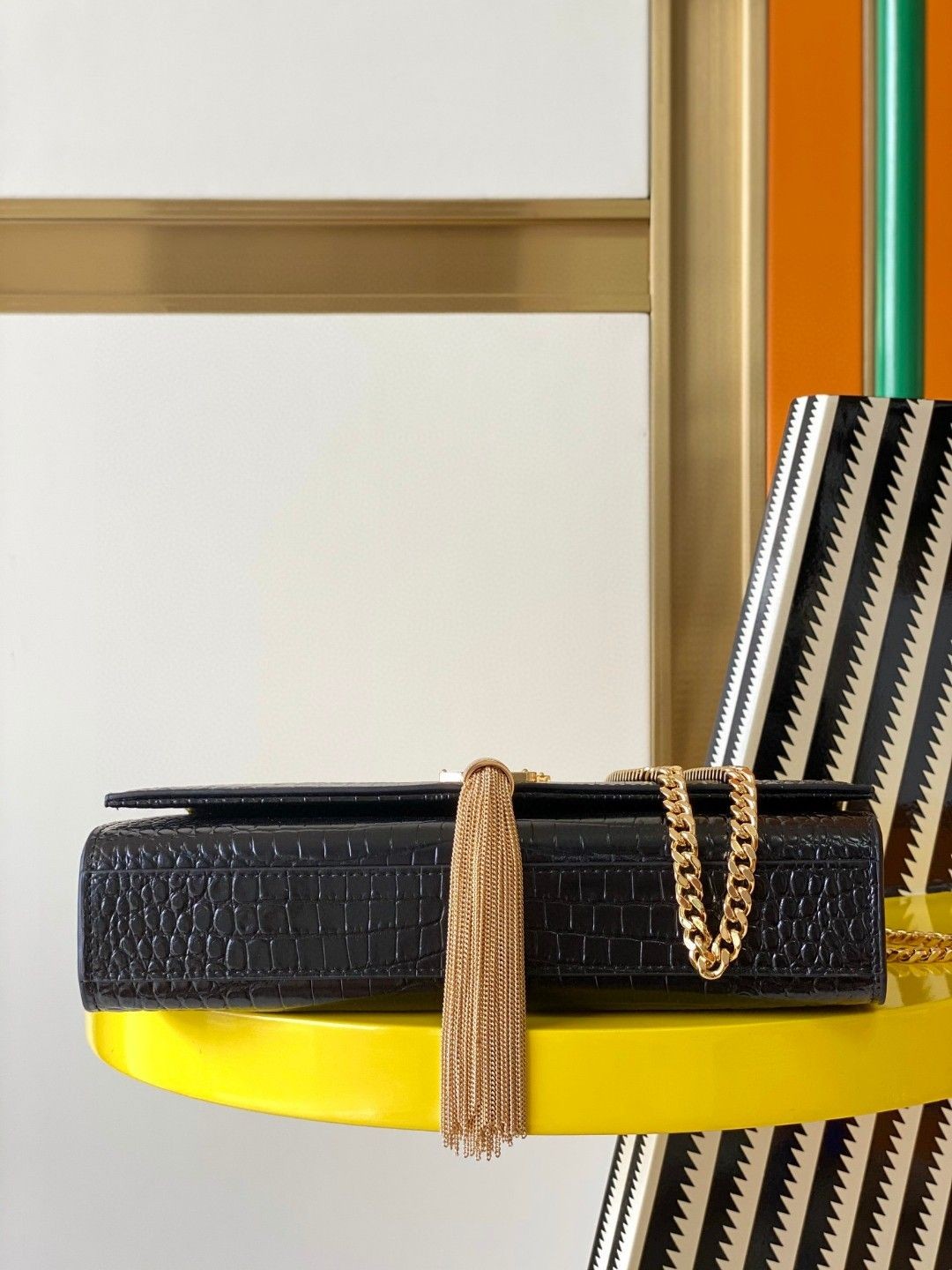 Saint Laurent YSL KATE medium bag in crocodile-embossed leather with tassels