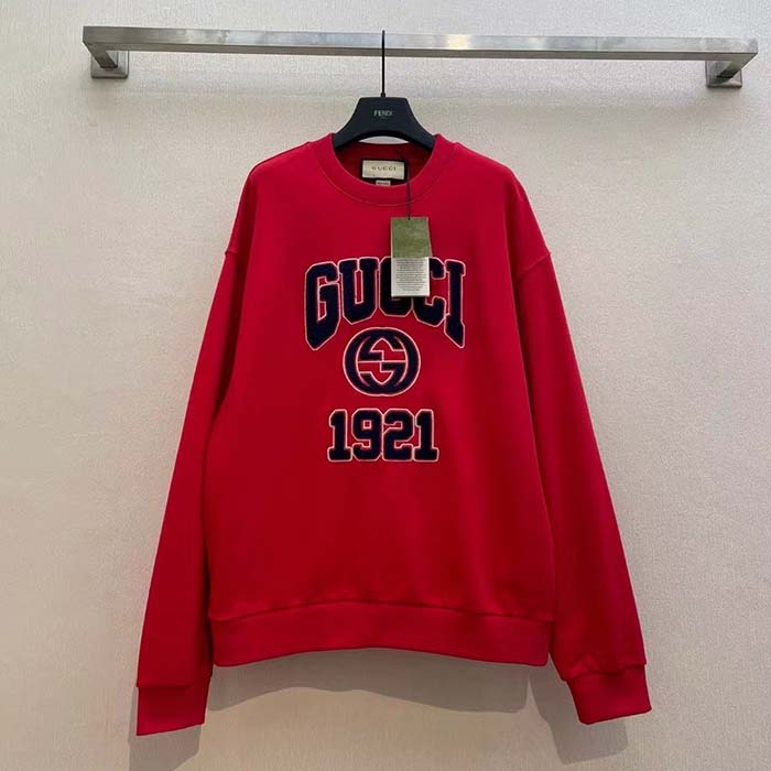 Gucci Men GG Cotton Jersey Sweatshirt 1921 Embroidery Red Crewneck Dropped Shoulder Style 768530 XJF3O 6429