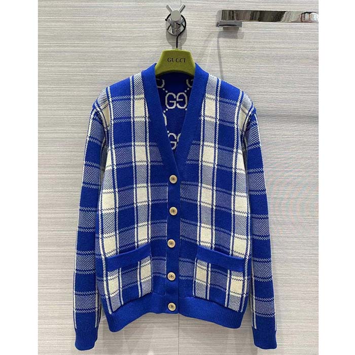 Gucci Men Reversible Checked Wool Cardigan V-Neck Dropped Shoulder Blue Ivory Maxi GG