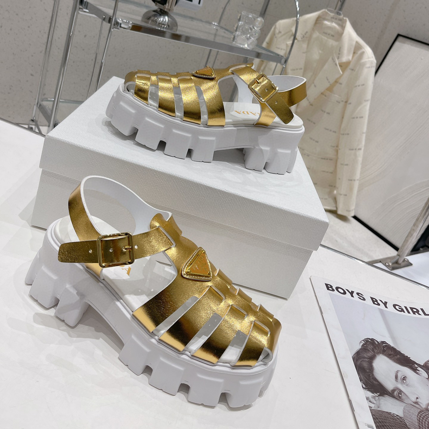 Prada Leather Round Head Buckle Sandals Slide