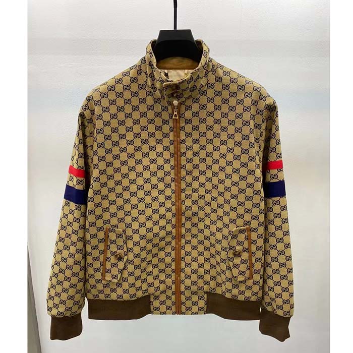 Gucci Men GG Cotton Canvas Zip Jacket Beige Blue Leather Lined Stand Collar Buttons
