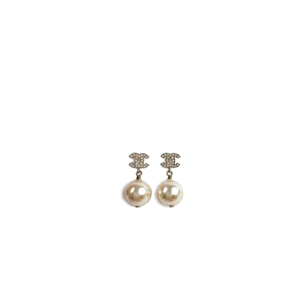 Chanel CC Silver Crystal and Pearl Drop Earrings