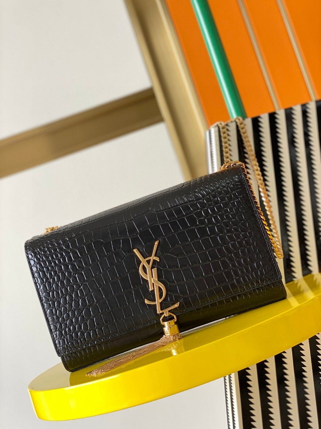 Saint Laurent YSL KATE medium bag in crocodile-embossed leather with tassels