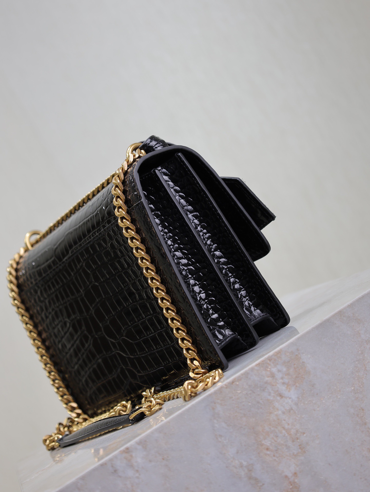 Saint Laurent Black Crocodile Pattern Chain Shoulder Bag