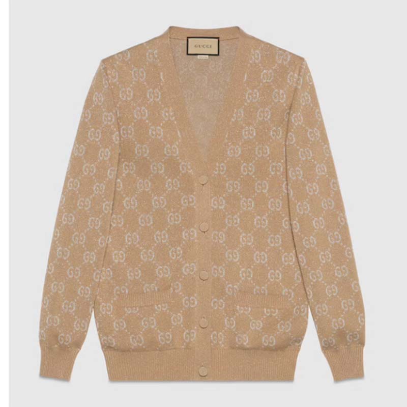 Gucci Men Lamé GG Jacquard Cardigan Camel Beige Fine Cotton