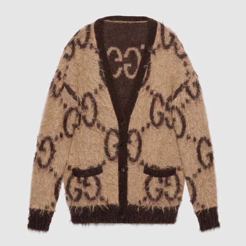 Gucci Men Reversible GG Mohair Wool Cardigan Brushed GG Jacquard Blend