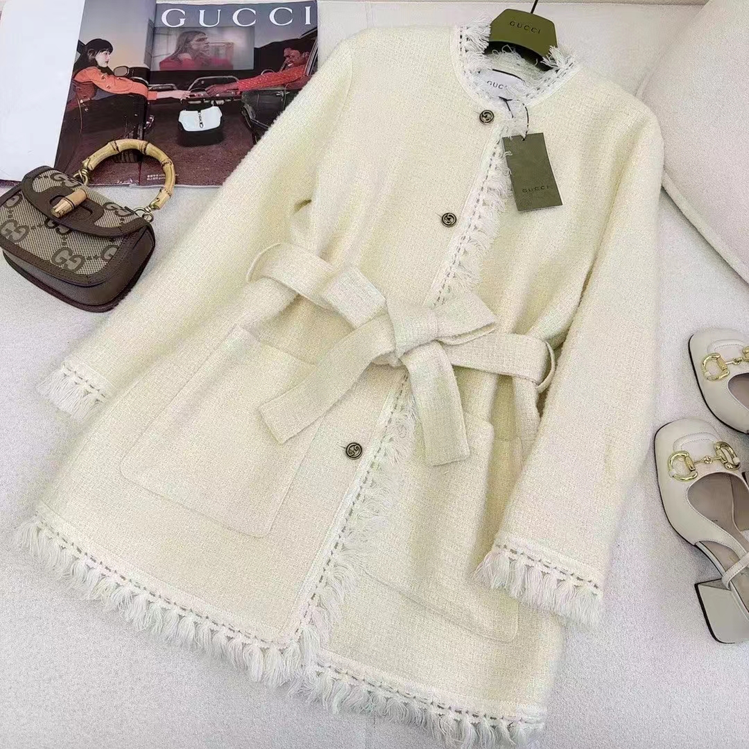 Gucci Women GG Belted Wool Bouclé Jacket White Ribbon Lined Detachable Patch Pockets