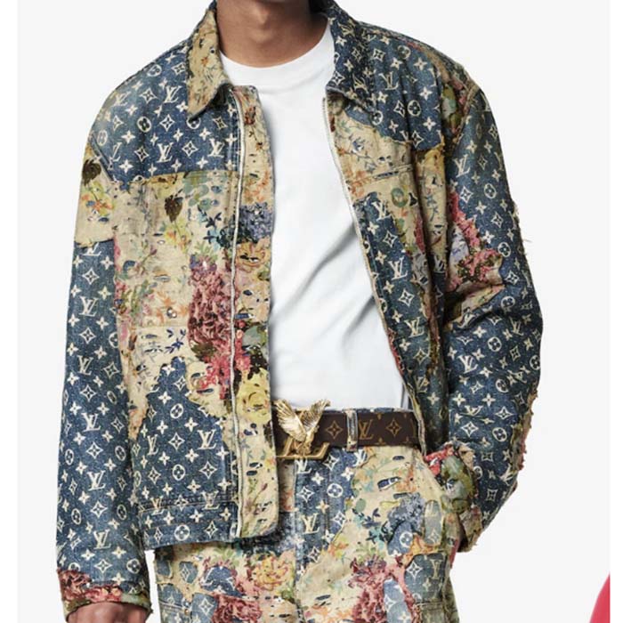 Louis Vuitton Men LV Monogram Flower Printed Blue Denim Jacket Regular Fit