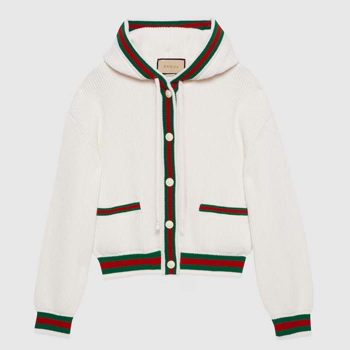 Gucci Men Rib Stitch Wool Cardigan Web Fixed Hood Drawstring Dropped Shoulder Long Sleeves