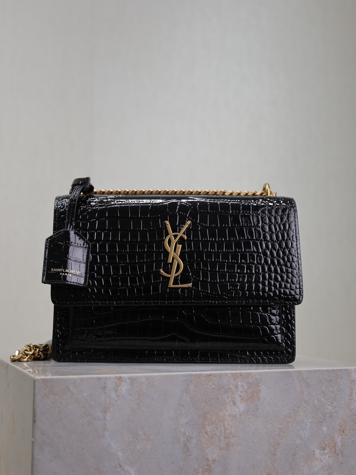Saint Laurent Black Crocodile Pattern Chain Shoulder Bag