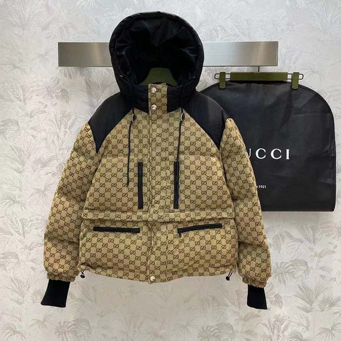 Gucci Men GG Canvas Bomber Jacket Camel Ebony Black Trim Lined Dropped Shoulder Padded