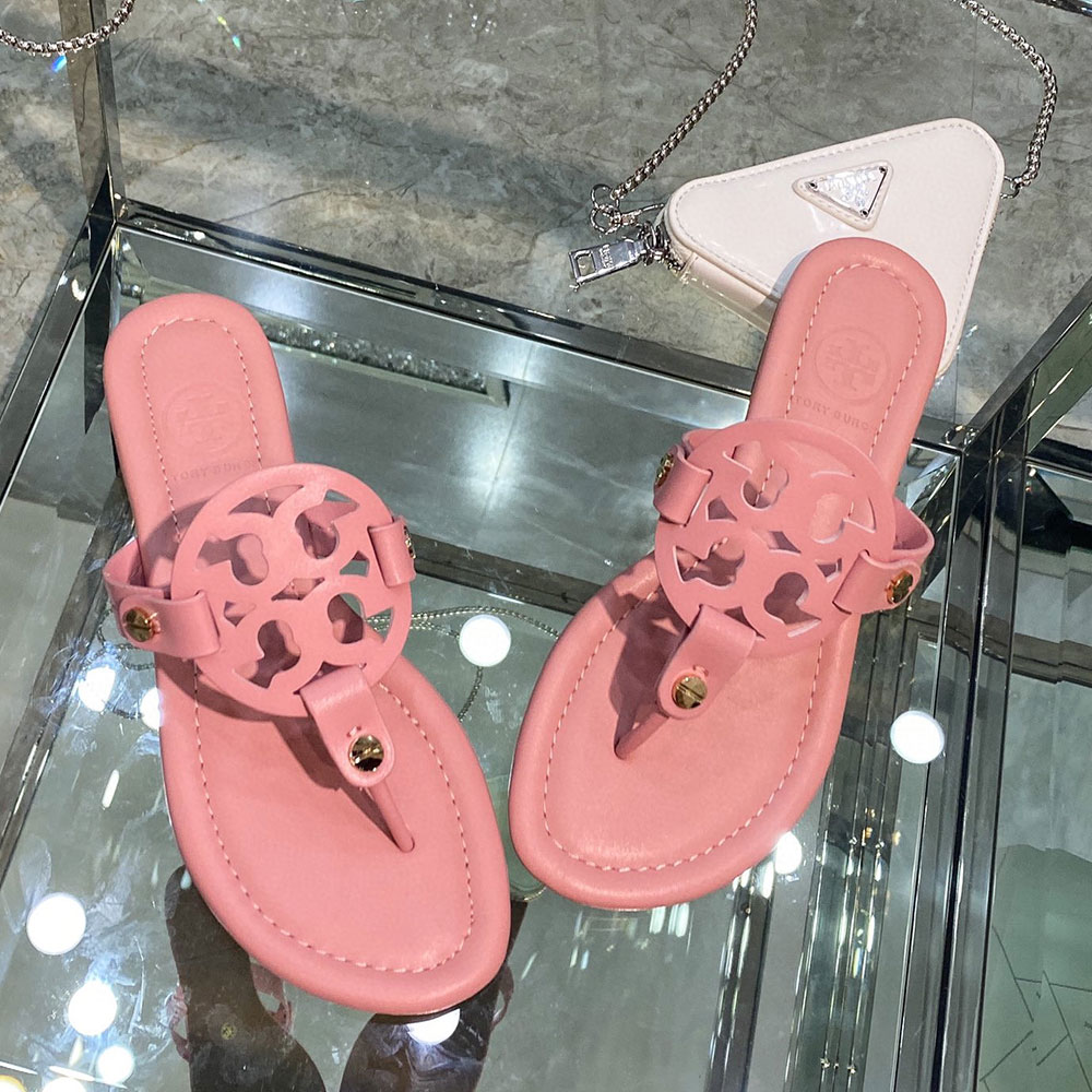 Tory Burch Leather Metal Double T Logo Flip-flops Sandals Slide