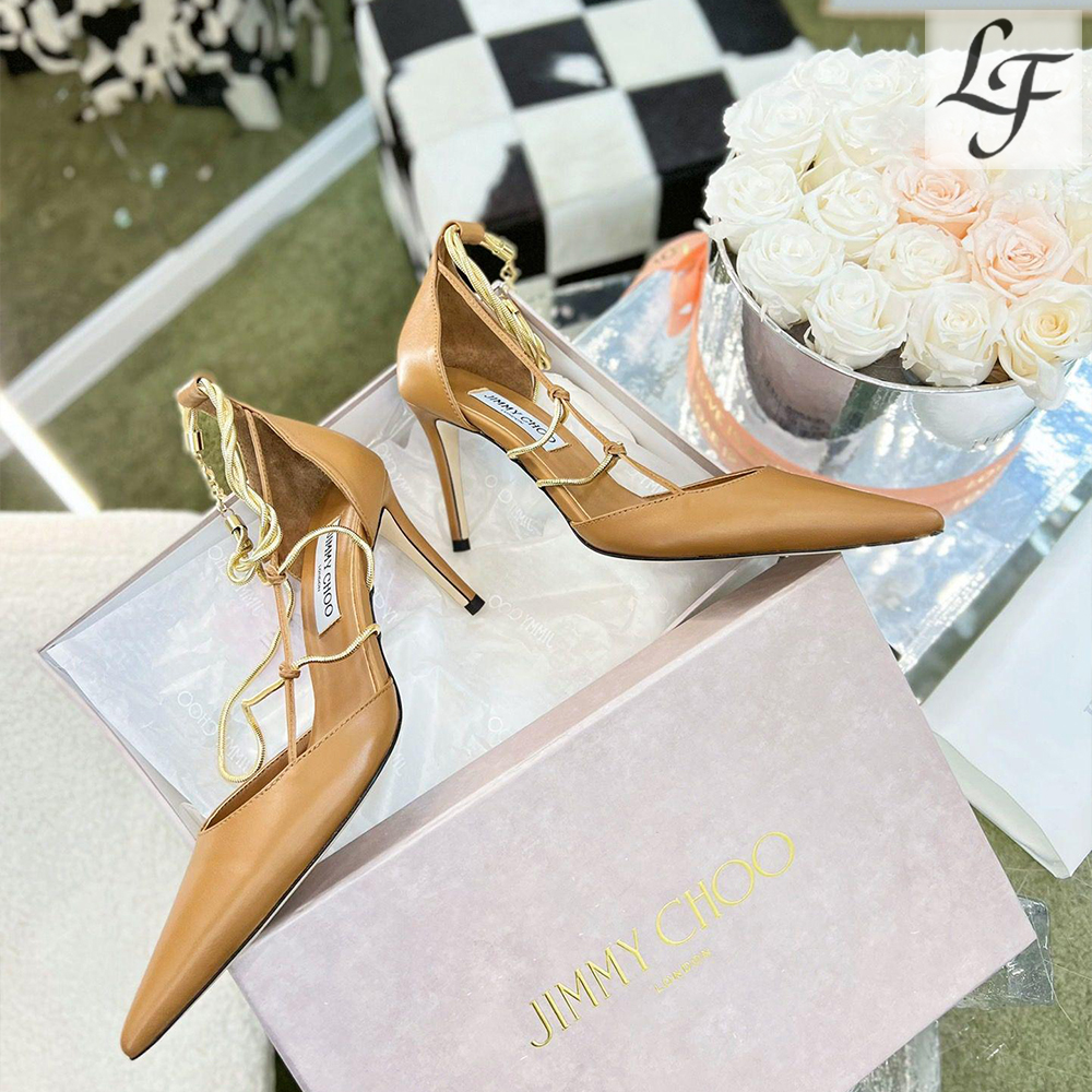 Jimmy Choo Sheepskin Spaghetti Strap Chain  Heels