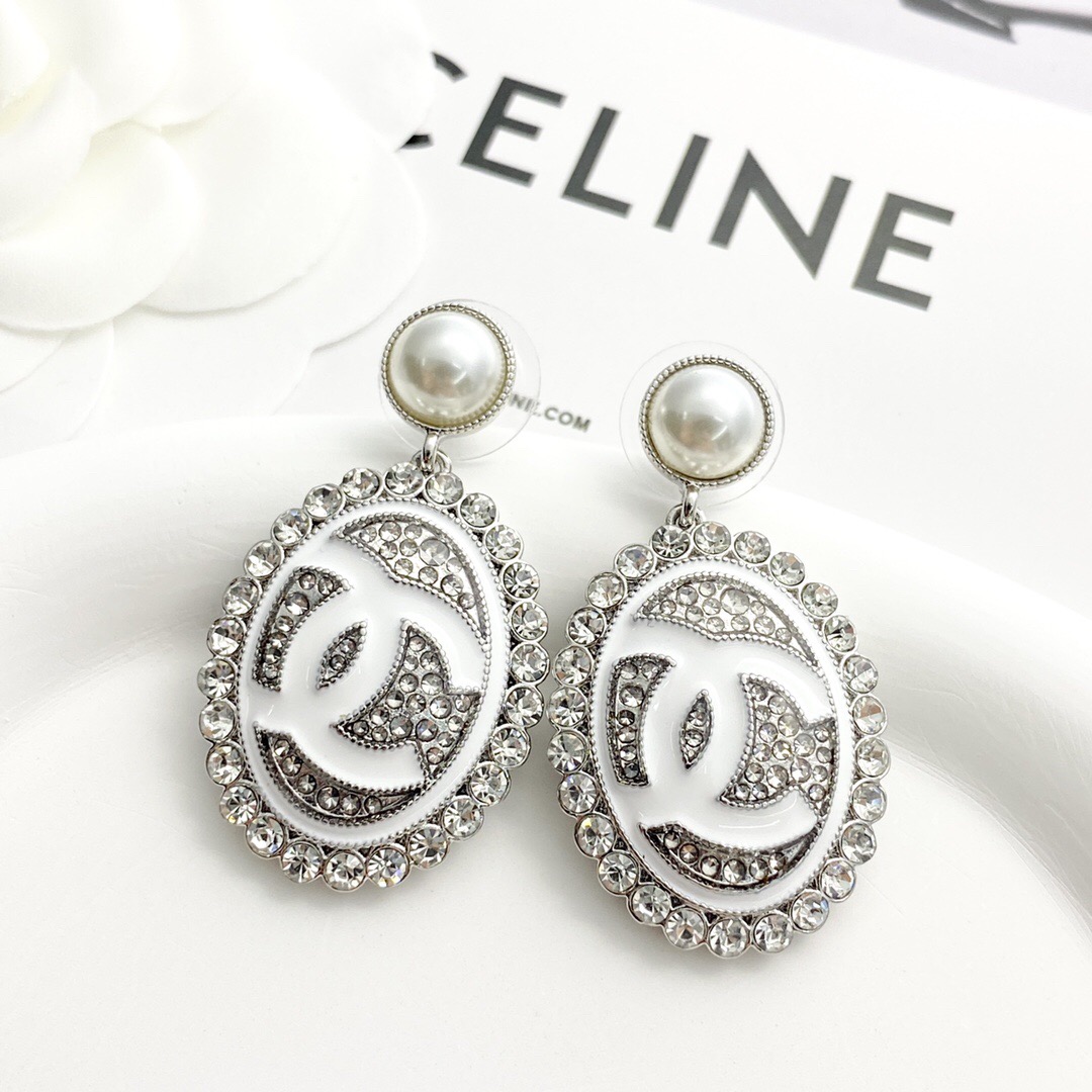 Chanel Pearl Pendant Silver Diamond Oval Earrings
